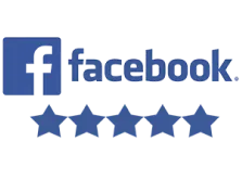 Facebook logo accompanied by five gold stars, symbolizing high ratings or positive feedback