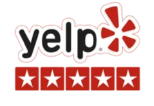 Yelp logo accompanied by five stars, representing user ratings and feedback for local businesses