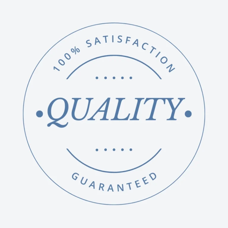 Elegant light blue badge featuring "100% satisfaction guaranteed" text